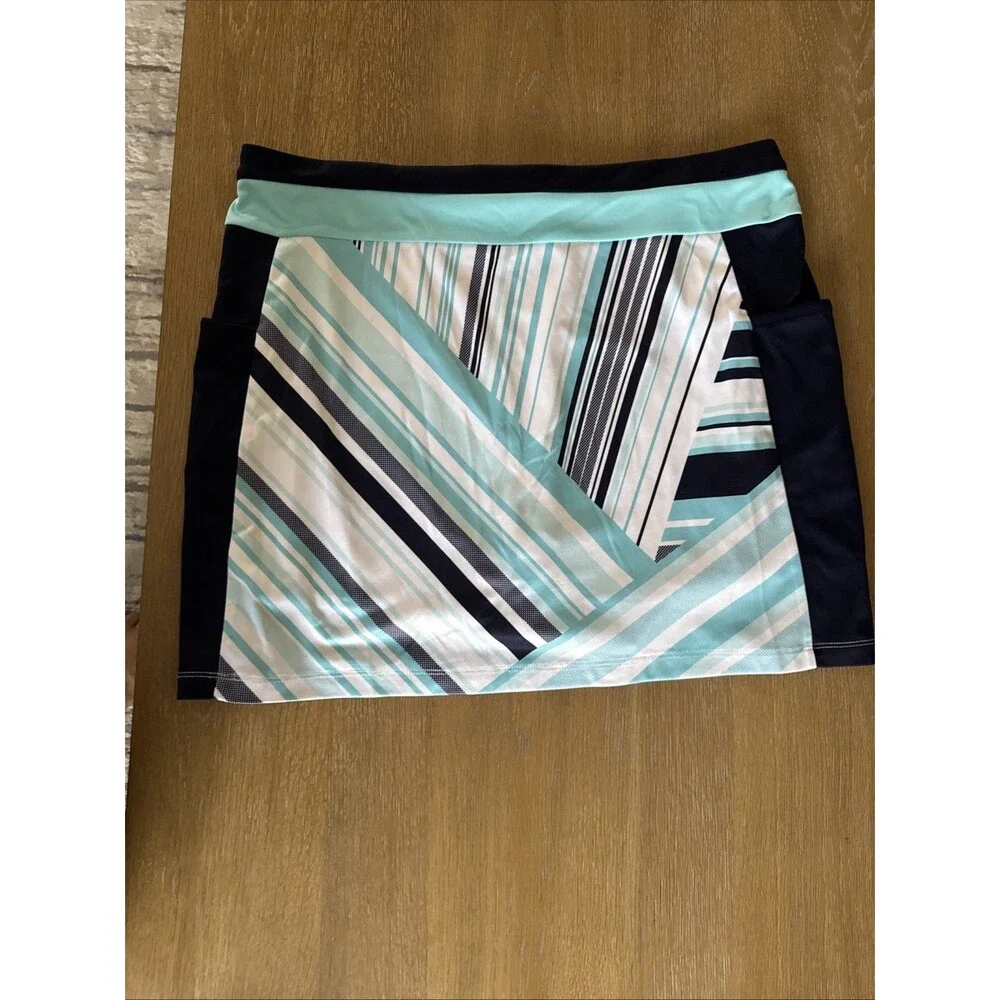 PGA TOUR Womens XL Golf Skort Geometric Stripe Aqua Navy Blue Athletic Tennis